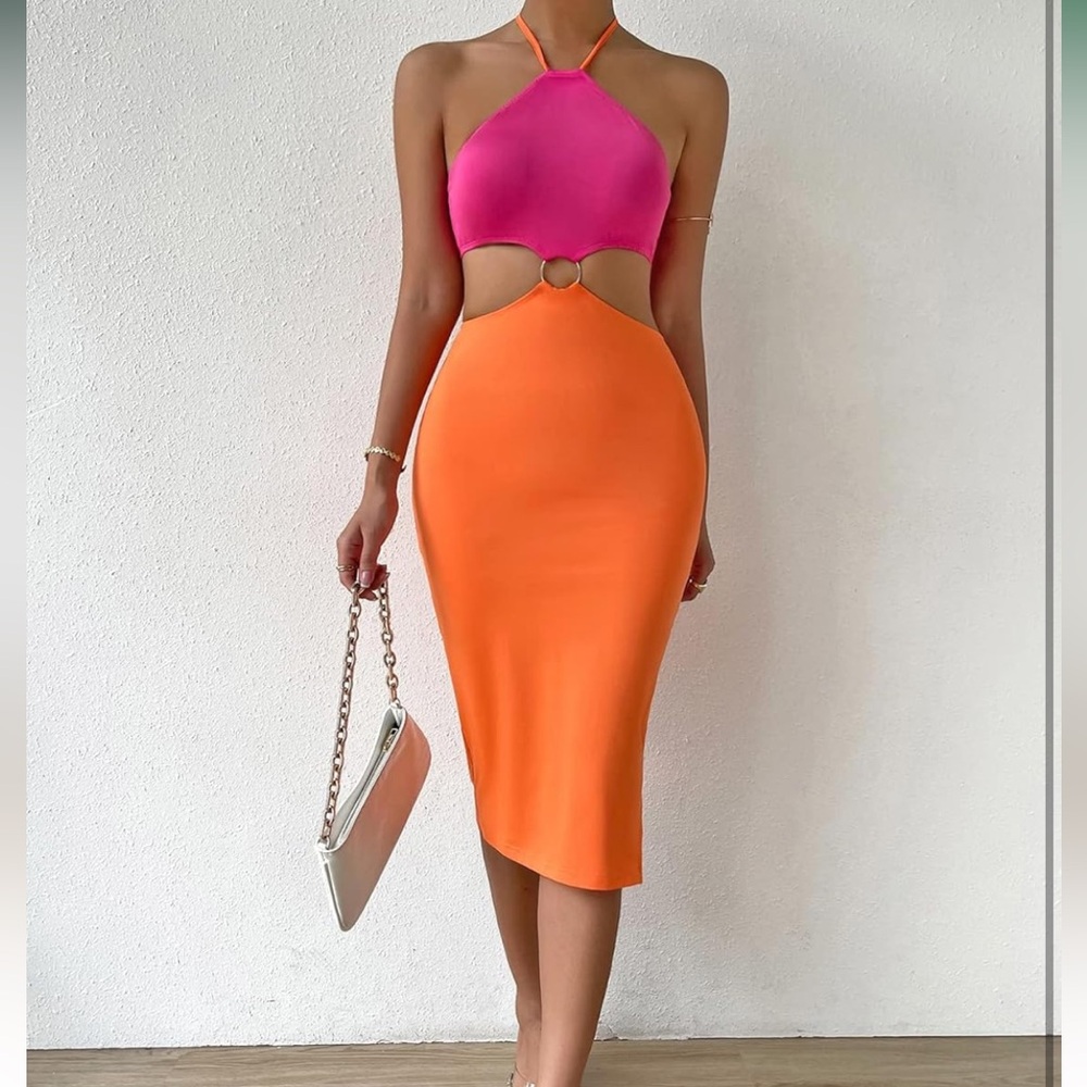 SHEIN pink and orange midi dress. Size XS